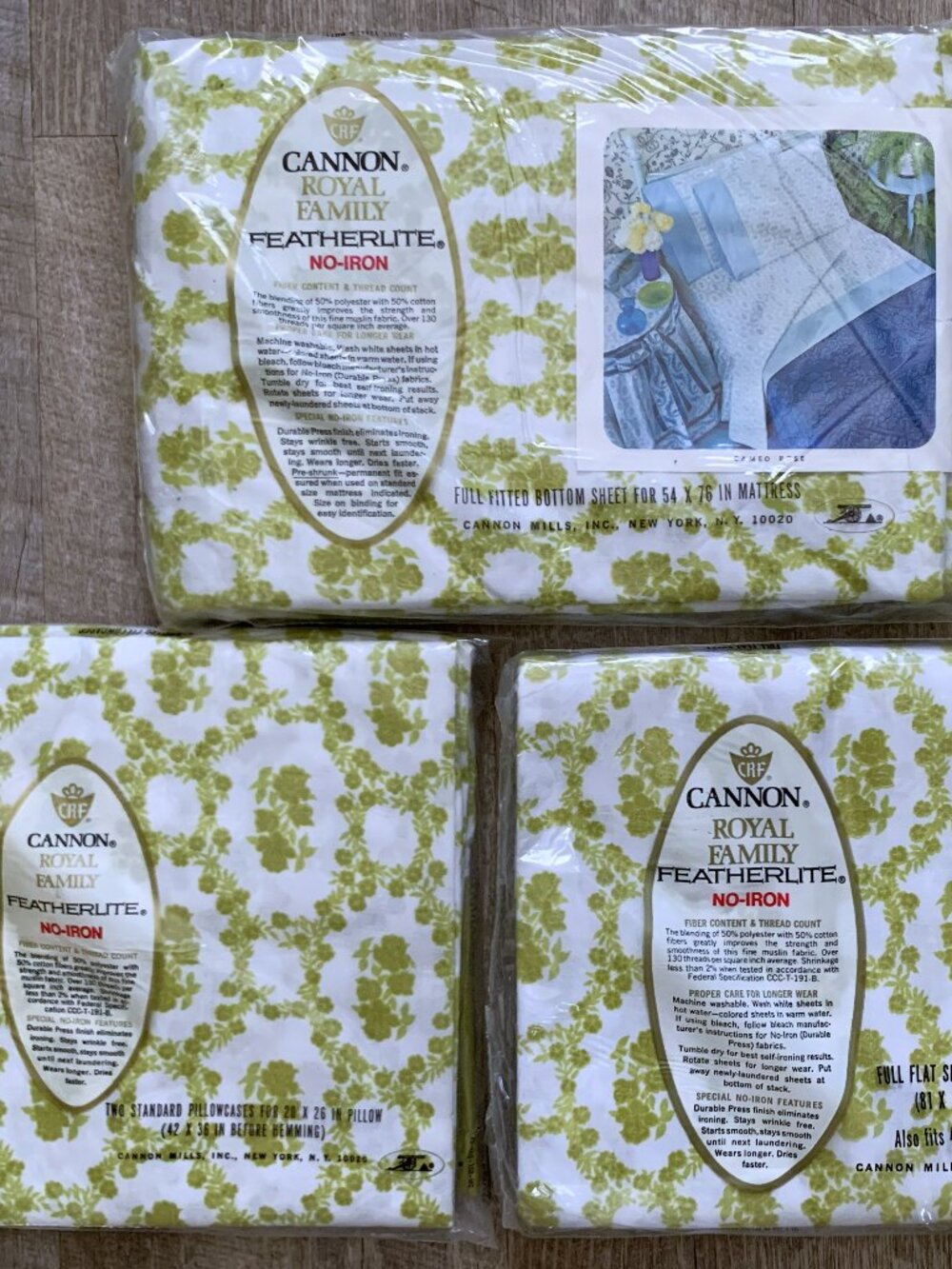 Vtg CANNON Featherlite Cameo Rose Dble Full Sheet Set Avocado Green NOS 4pc 1970 - Picture 6 of 9